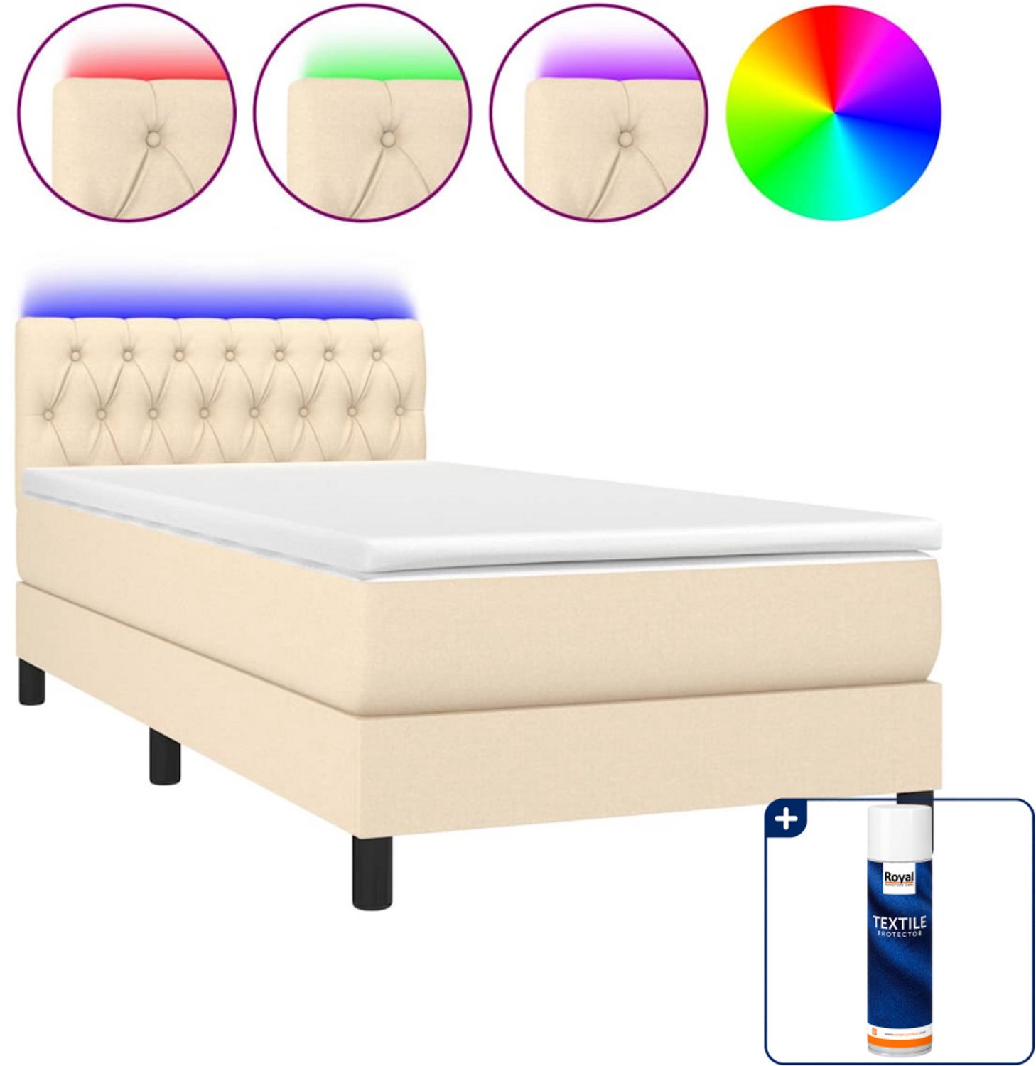 vidaXL boxspring met matras en LED - 90 x 200 cm - crèmekleurig - Inclusief textielbeschermer 500 ml