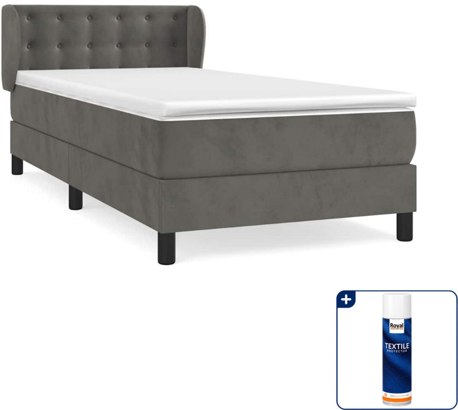 vidaXL Boxspring met matras - 90 x 200 cm - fluweel - donkergrijs - Inclusief textielbeschermer 500 ml
