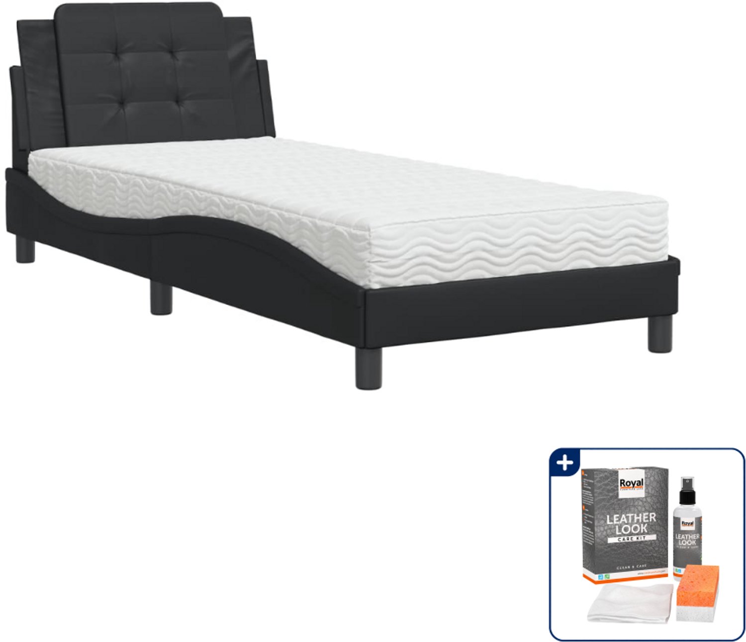 vidaXL Zadar bed met matras - 90 x 190 cm - kunstleer - zwart - Inclusief onderhoudsset voor kunstleer 150 ml Grijs