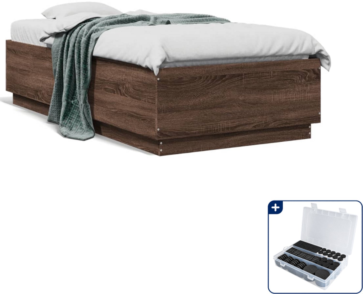 vidaXL bedframe - 75 x 190 cm - bewerkt hout - bruineiken - Inclusief antikrasvilt 177-delig Grijs