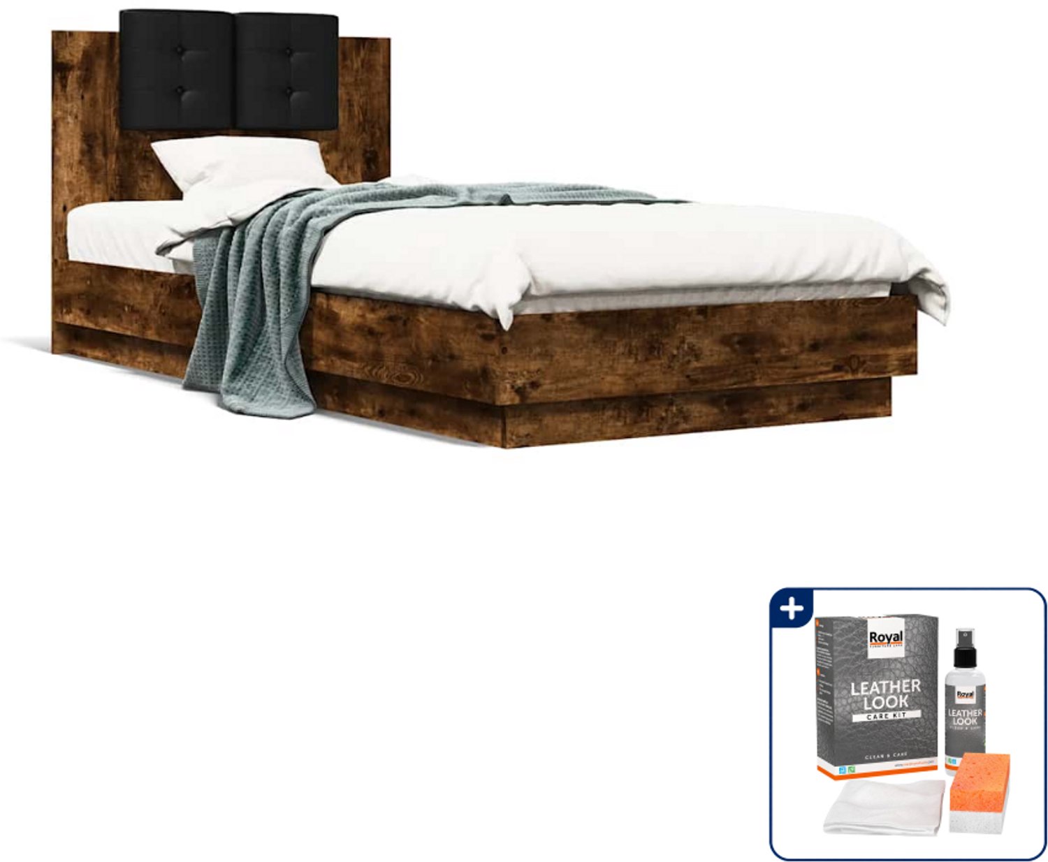 vidaXL bedframe met hoofdeinde - 90 x 200 cm - bewerkt hout - gerookt eiken - Inclusief onderhoudsset voor kunstleer 150 ml Wit
