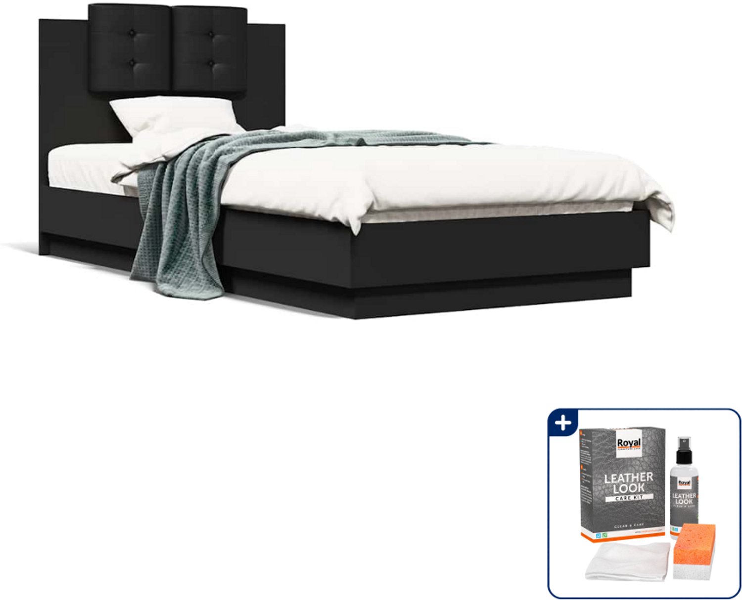 vidaXL bedframe - 90 x 190 cm - bewerkt hout en kunstleer - zwart - Inclusief onderhoudsset voor kunstleer 150 ml Wit