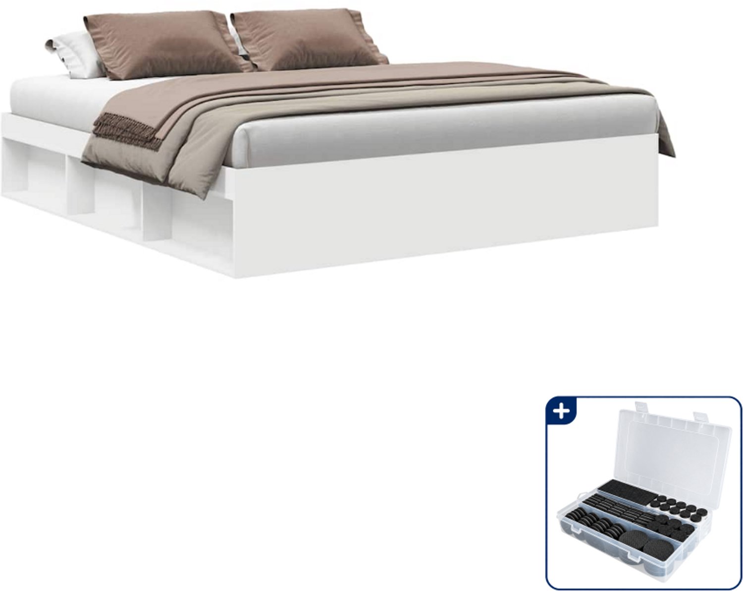 vidaXL bedframe - 200 x 200 cm - bewerkt hout - wit - Inclusief antikrasvilt 177-delig Zwart