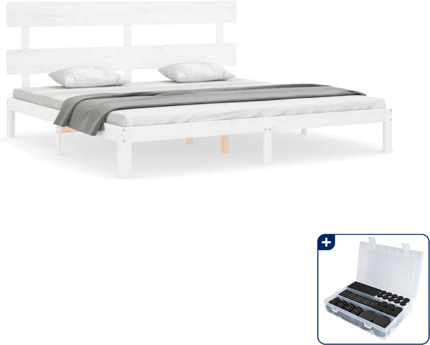 vidaXL Bedframe - Kingsize - 180 x 200 cm - massief grenenhout - wit - Inclusief antikrasvilt 177-delig