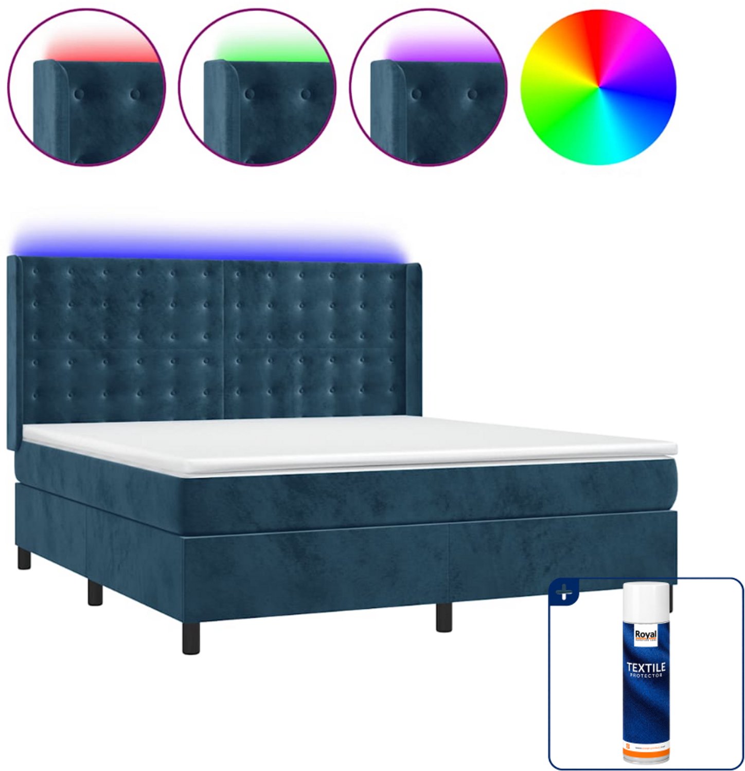 vidaXL Kingsize boxspring met matras en LED - 180x200 cm - fluweel - donkerblauw - Inclusief textielbeschermer 500 ml