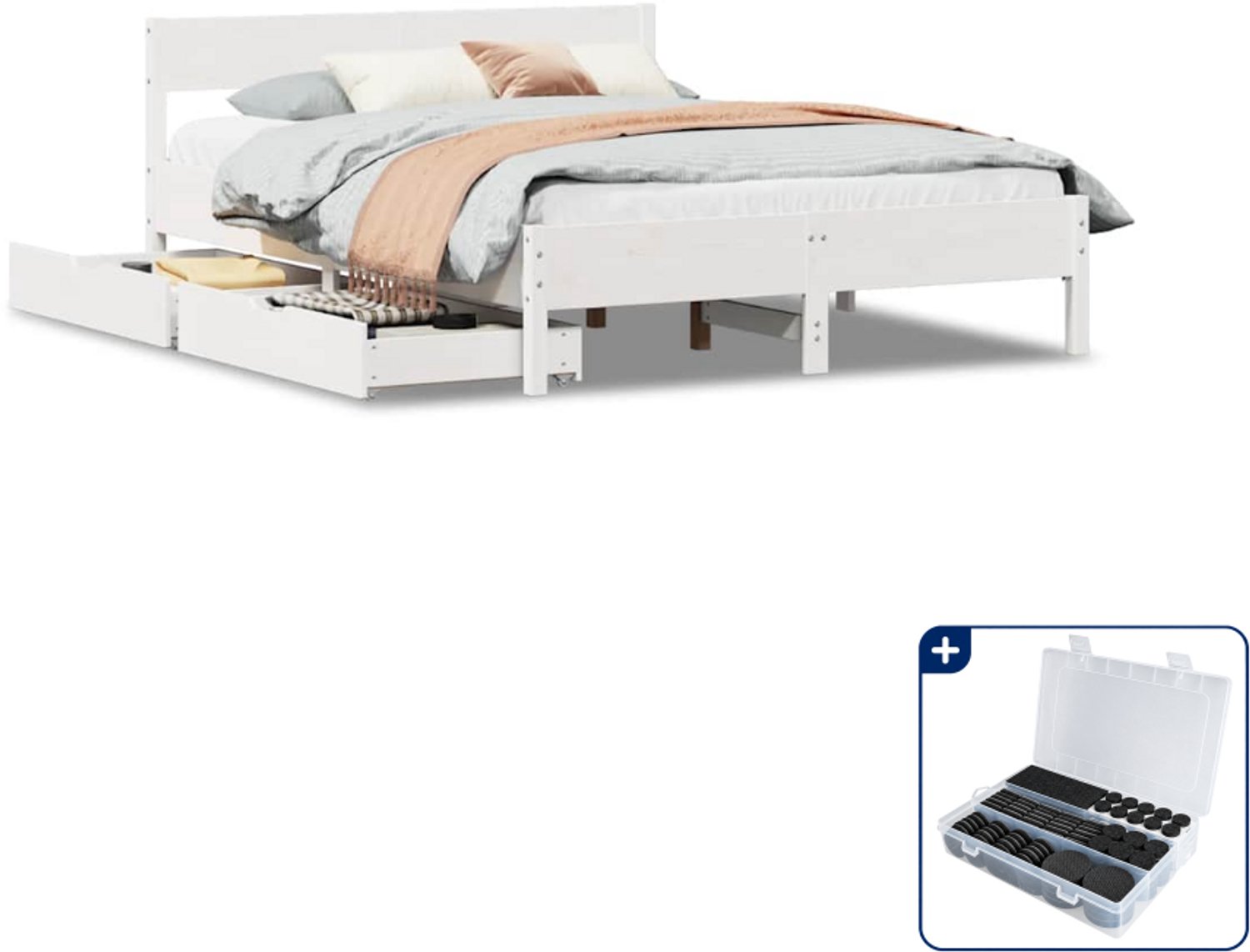 vidaXL bedframe met 2 lades - 150 x 200 cm - massief grenenhout - wit - Inclusief antikrasvilt 177-delig Bruin