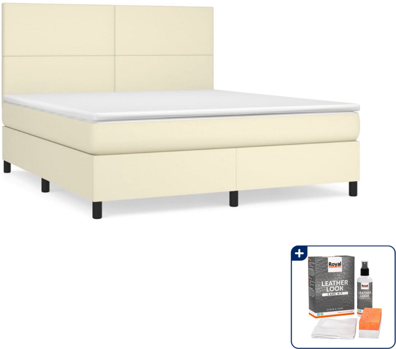 vidaXL boxspring met matras Queensize - 160 x 200 cm - crème - Inclusief onderhoudsset voor kunstleer 150 ml
