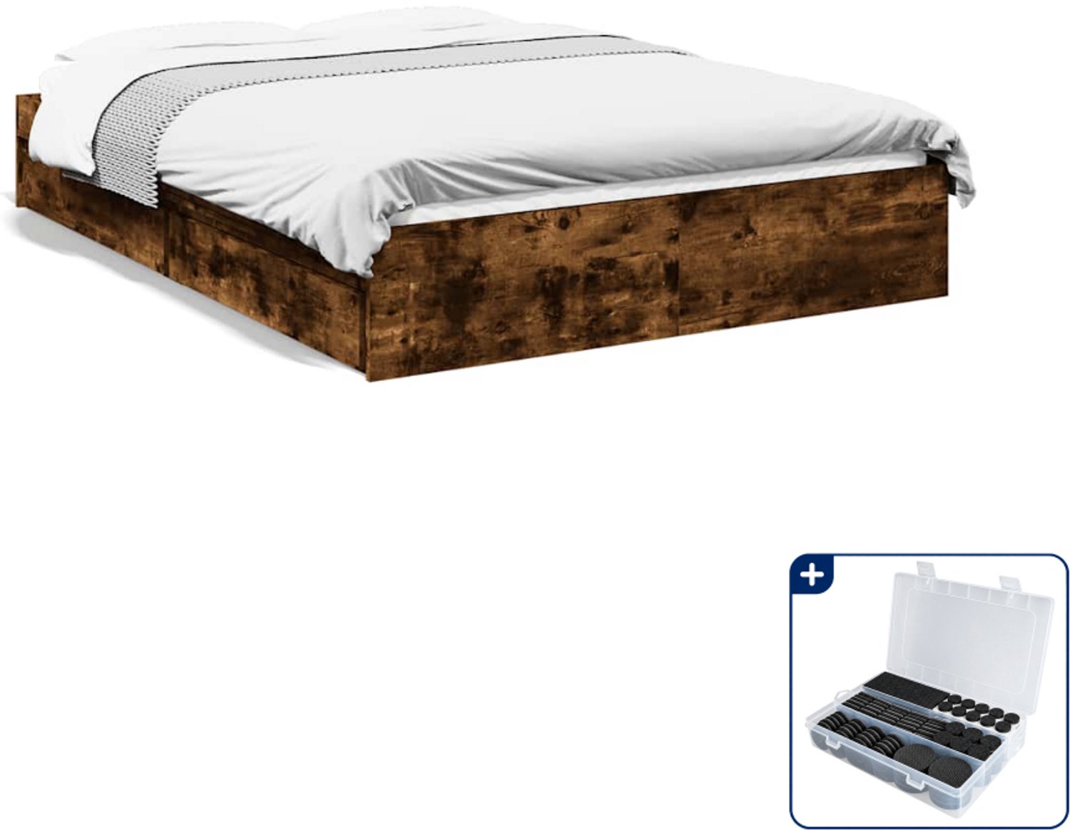 vidaXL Bedframe met lades - Small double 140 x 200 cm - gerookt eiken - Inclusief antikrasvilt 177-delig Wit