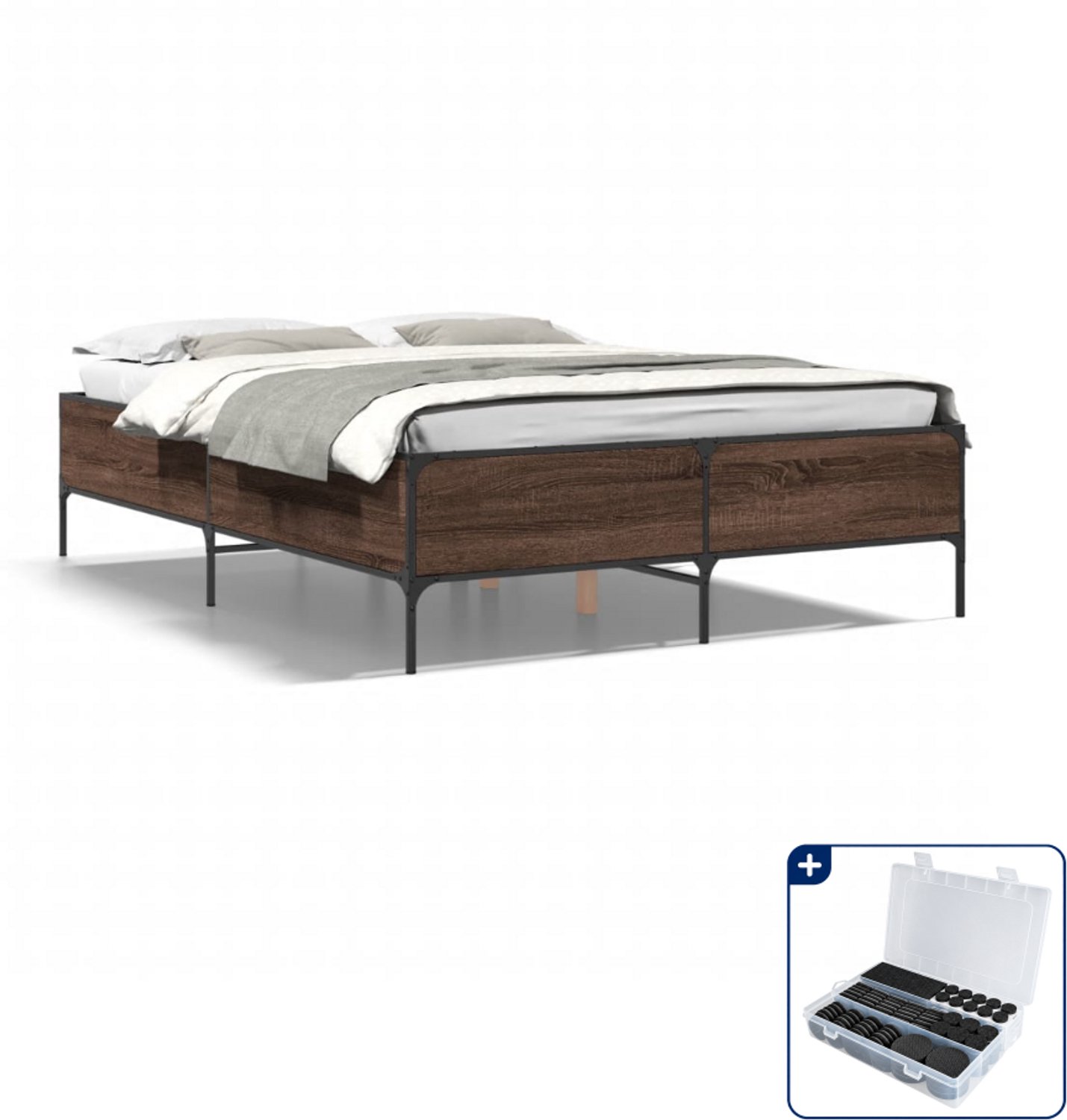vidaXL bedframe - 120 x 190 cm - bewerkt hout en staal - bruineiken - Inclusief antikrasvilt 177-delig Wit