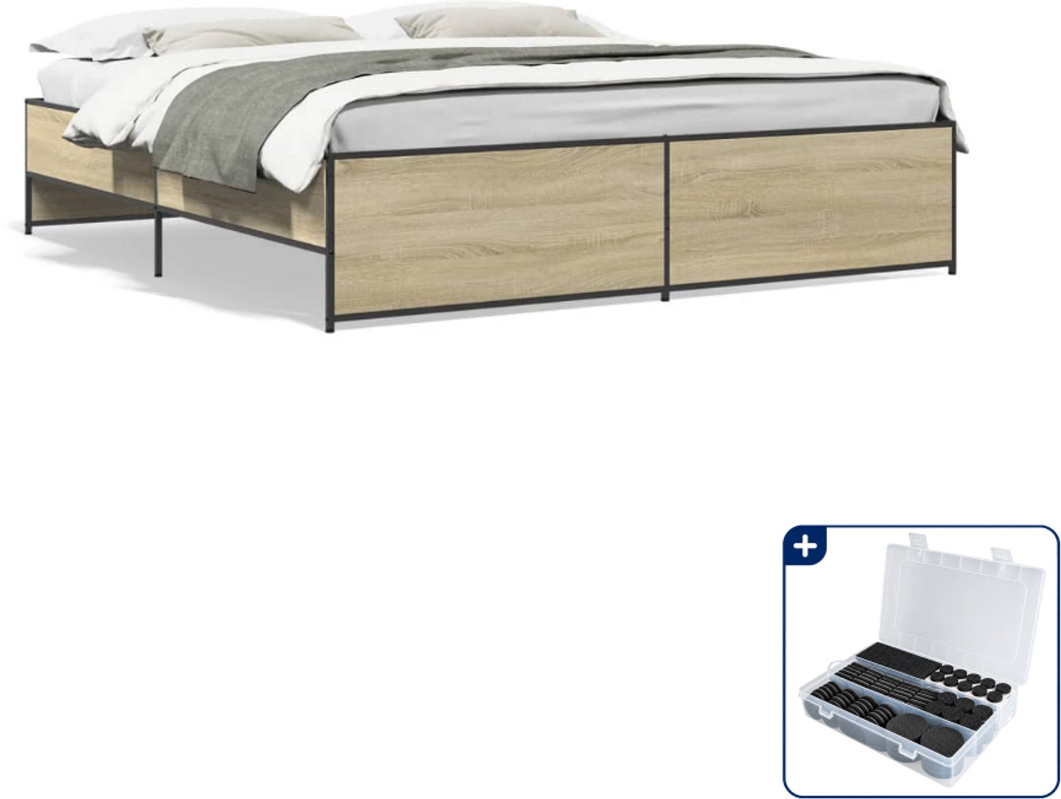 vidaXL bedframe - 200 x 200 cm - bewerkt hout en staal - sonoma eiken - Inclusief antikrasvilt 177-delig