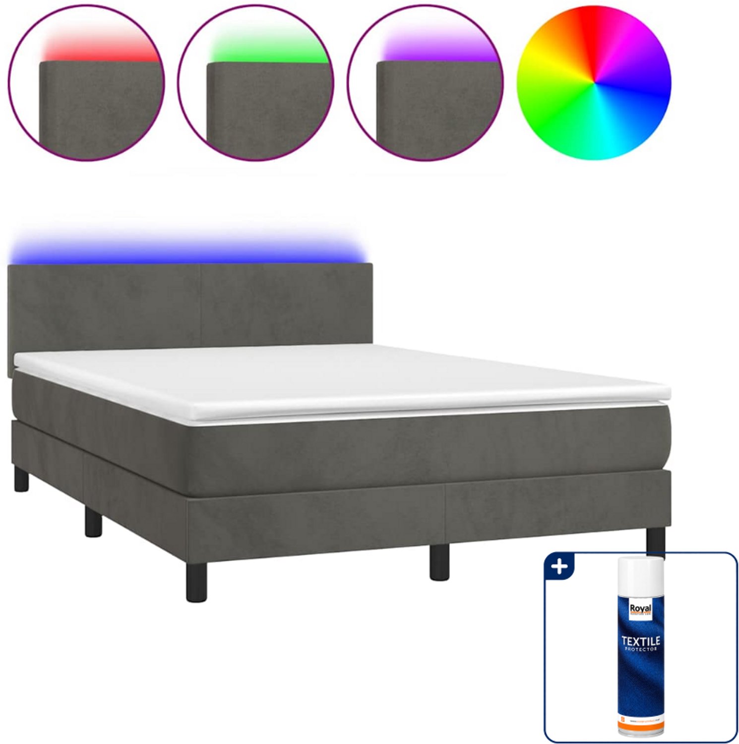 vidaXL boxspring met matras en led - 140 x 190 cm - fluweel - donkergrijs - Inclusief textielbeschermer 500 ml