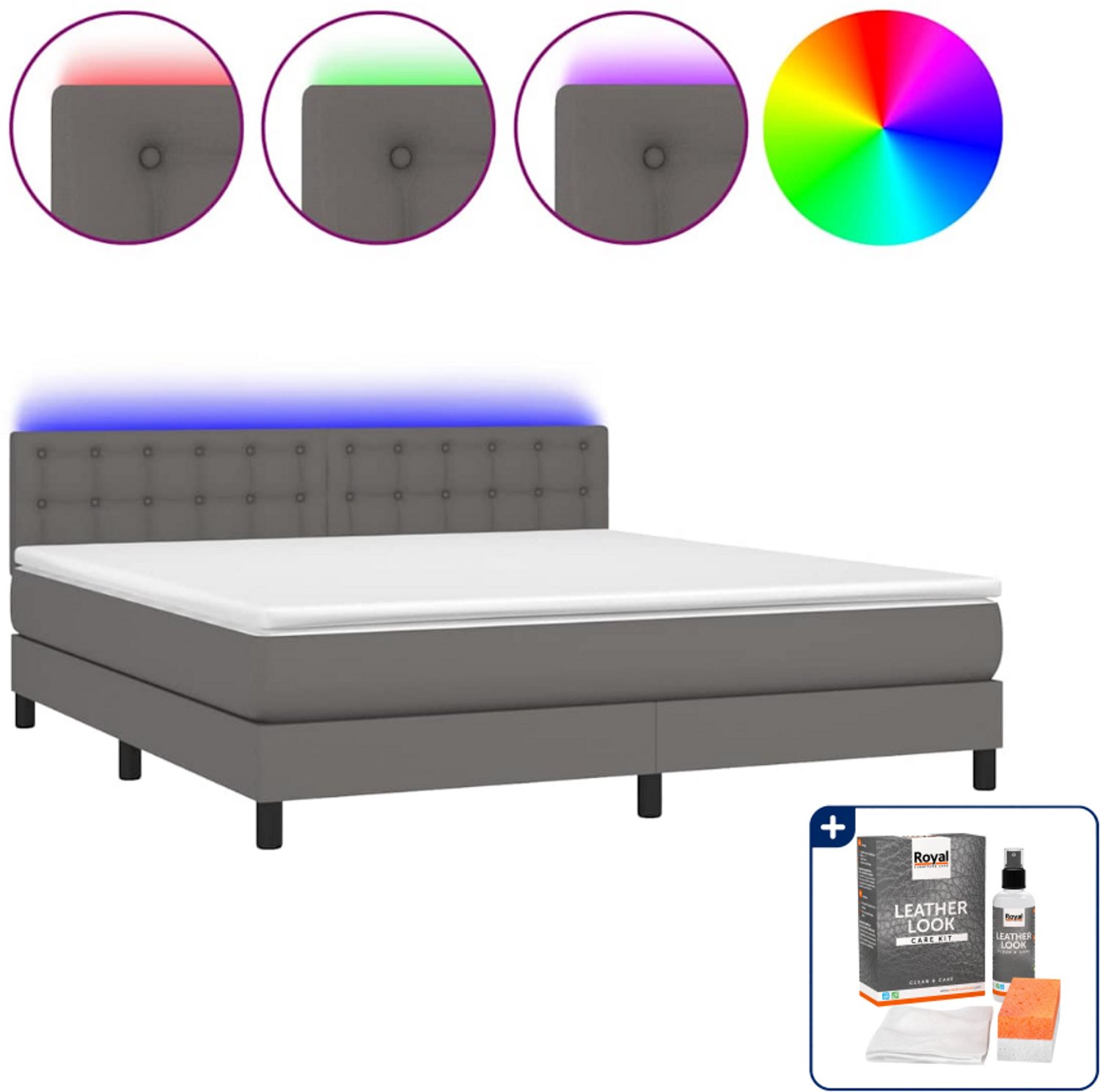 vidaXL boxspring met matras en LED - Kingsize - 180 x 200 cm - grijs - Inclusief onderhoudsset voor kunstleer 150 ml