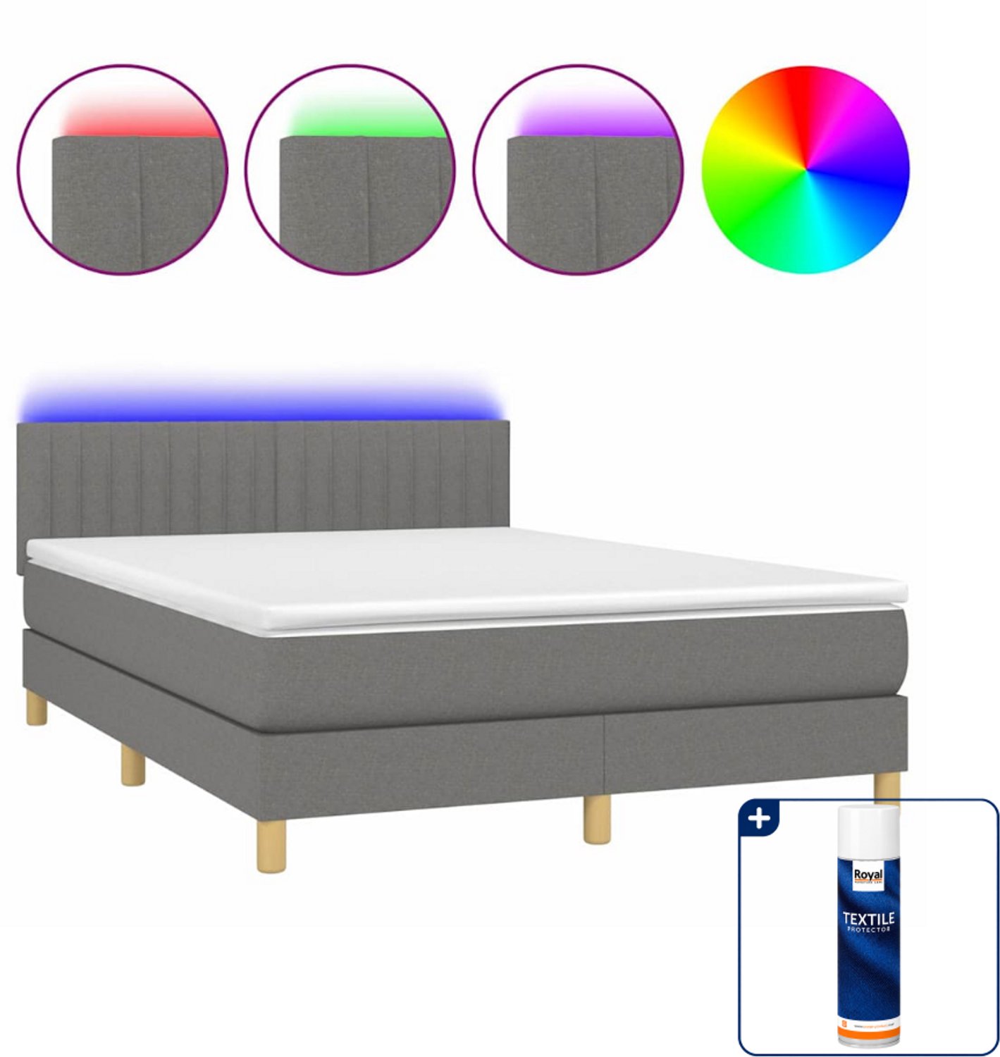 vidaXL boxspring met matras en LED - 140 x 190 cm - donkergrijs - Inclusief textielbeschermer 500 ml
