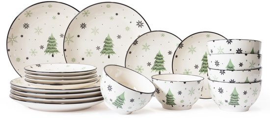 18-delige set met kerstbomen en sneeuwvlokken in groen en zwart op wit porselein.