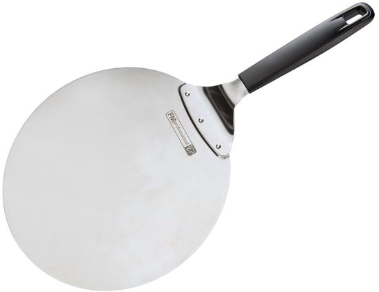Ronde roestvrijstalen pizzaschep van FM Professional met een zwart kunststof handvat en ophangoog.