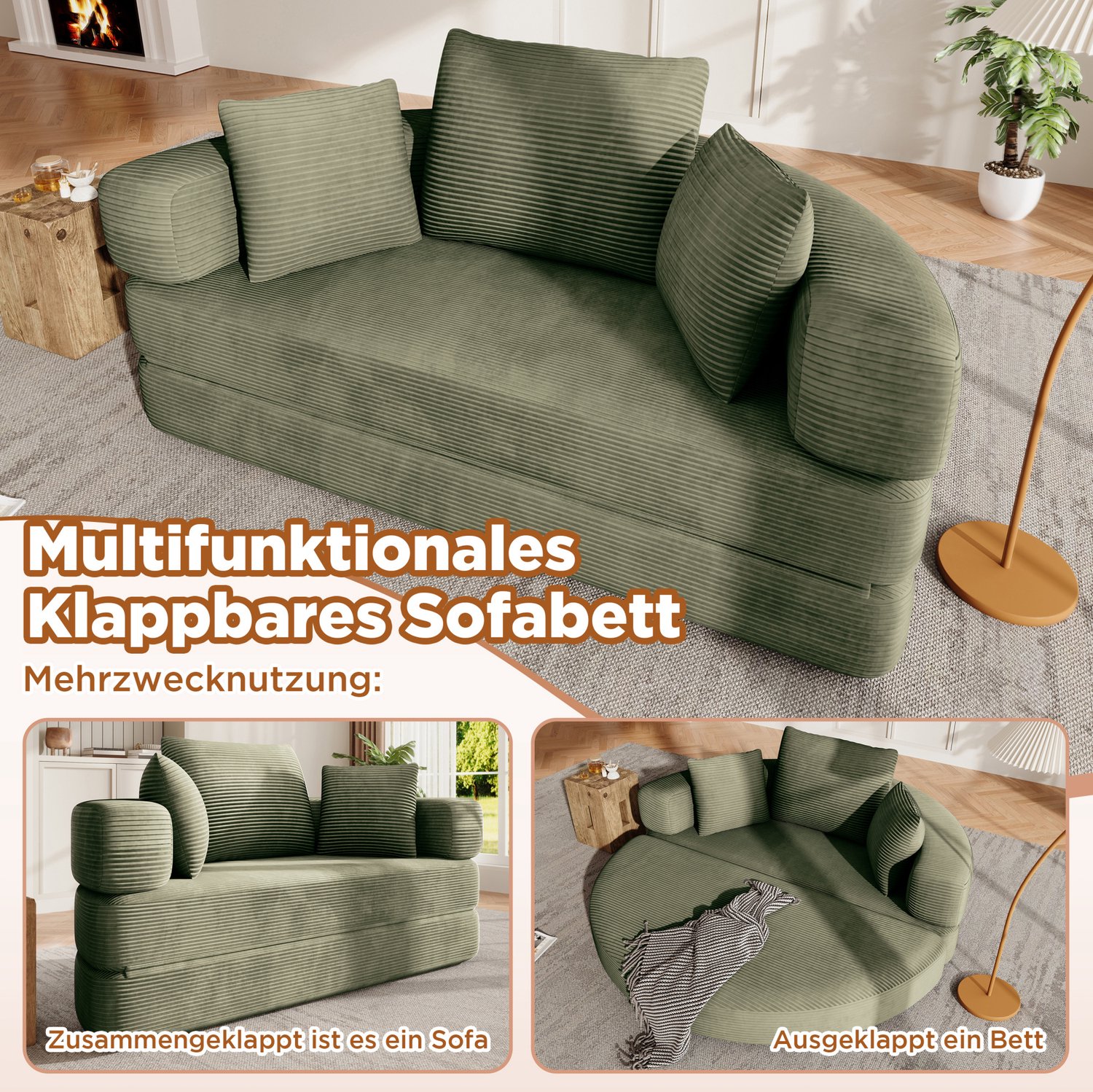 MODENUIT Slaapbank 173 x 176 cm - Opvouwbaar Bankbed met 3 Kussens - Voor Woonkamer - Ribstof - Groen
