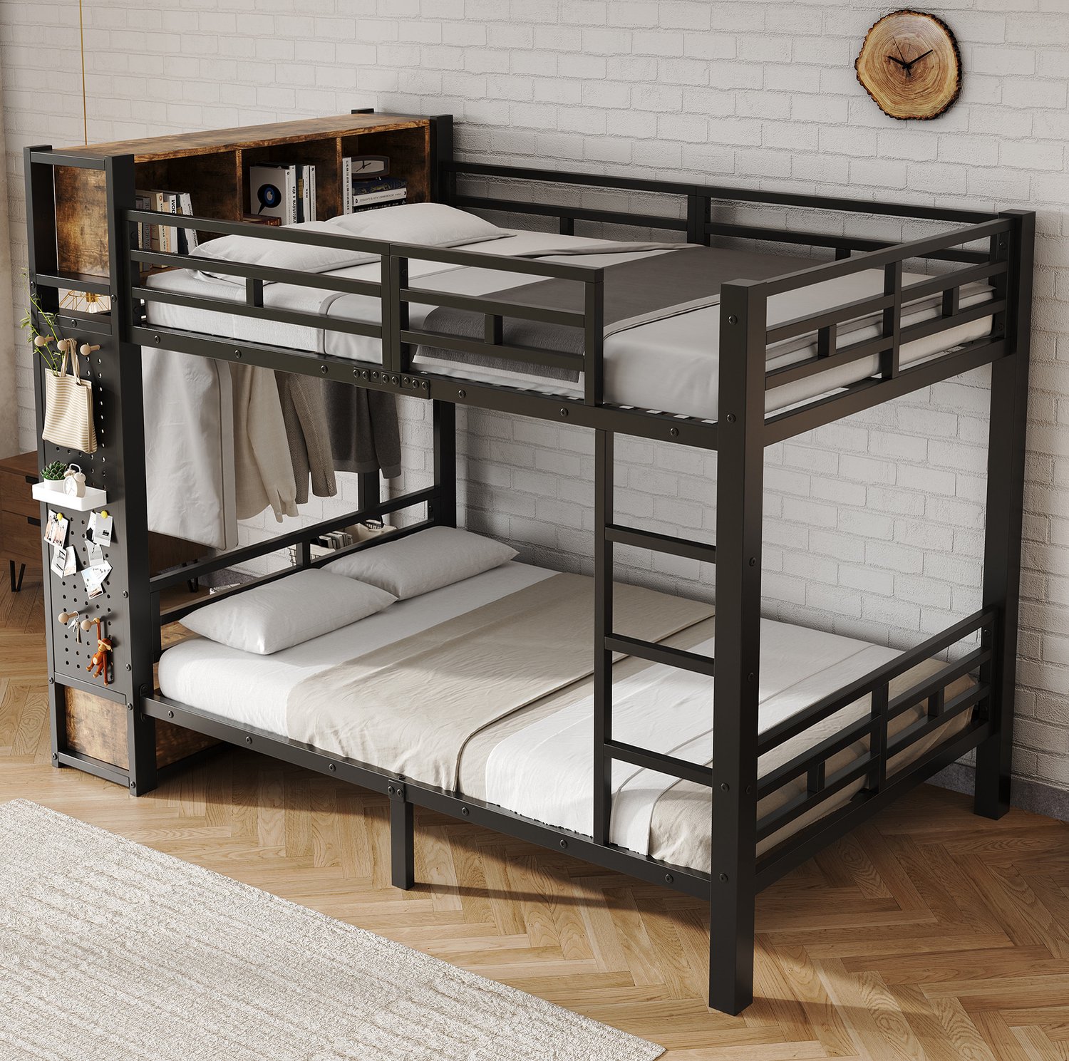 Wishdor Stapelbed 120x200 cm - Met geïntegreerde opbergruimte en kledingstang - Lade, geperforeerd bord en open vakken - Kinderkamer en logeerkamer - Metaal en hout - Zwart en donker walnoot