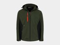 Olijfgroene Herock softshell werkjas met zwarte zijpanelen, capuchon en opvallende oranje ritssluiting op de borst.