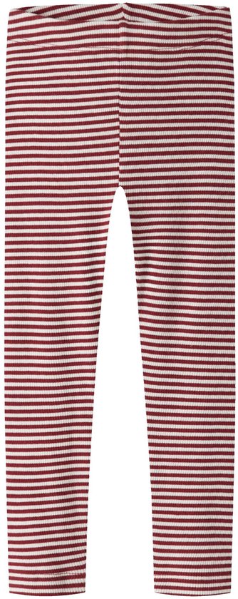 Geribbelde legging met rood-witte horizontale strepen.