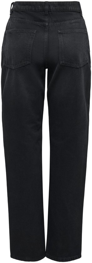 Achterkant van een donkergrijze jeans met rechte pijpen, geïsoleerd op een witte achtergrond.