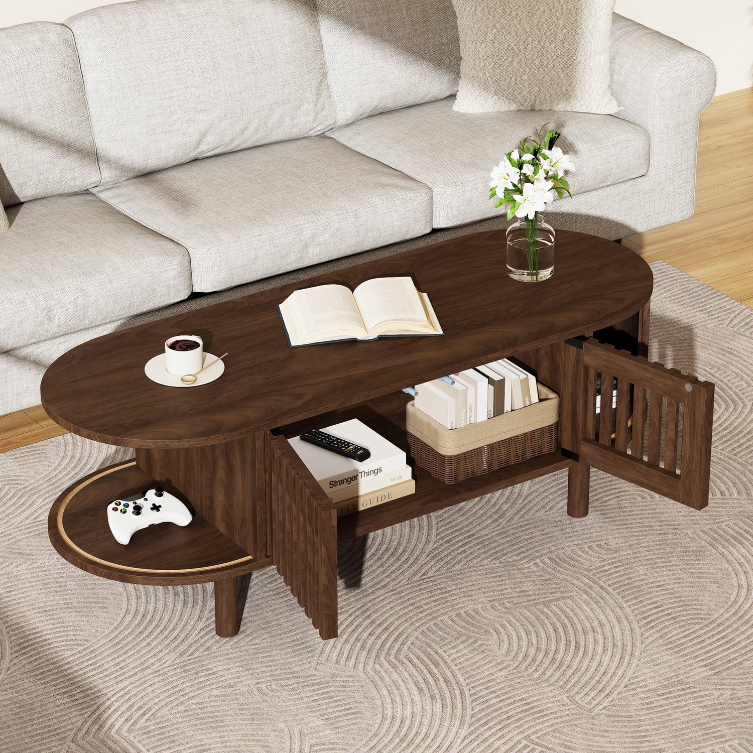 DantefHandels Salontafel 100×40×38cm van MDF, ovaaler woonkamertafel met 2, Massivhoutpoten, tot 30kg draagvermogen, opbergruimte salontafel voor de woonkamer, Nussbaumhoutfarbe walnoot