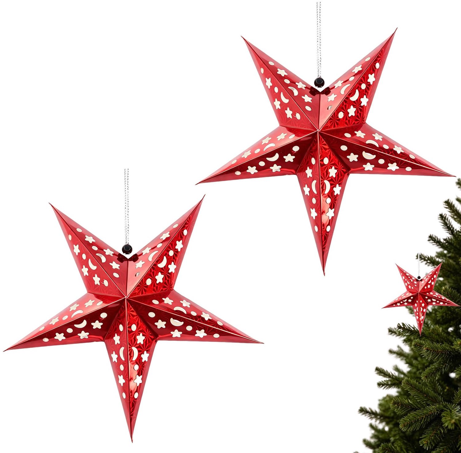 Famanu Rode 45 cm sterrenhanger set van 2 stuks, 3D kerstster decoratie van papier, opvallende feestversiering, eenvoudig op te hangen en perfect voor het creëren van een feestelijke sfeer wit