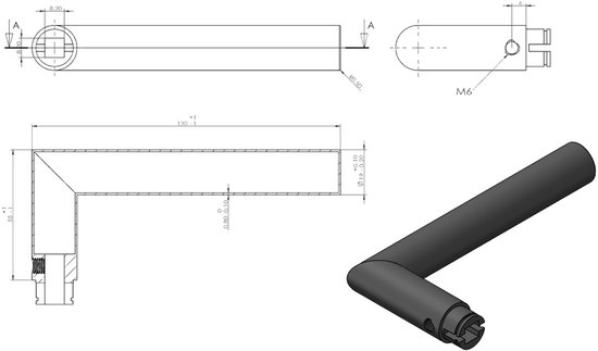Technische tekening van een mat zwarte deurkruk met maatvoering en M6-schroefaansluiting.