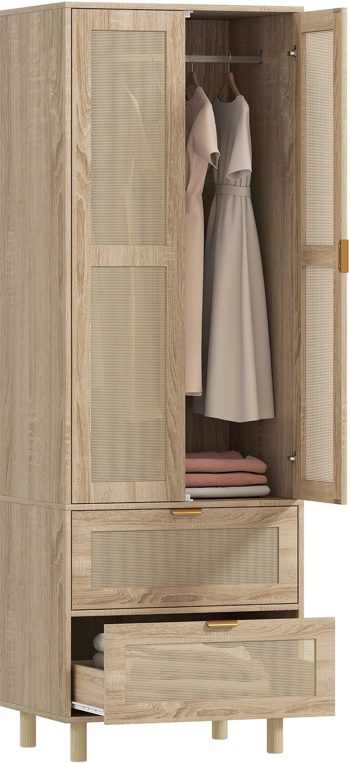 ECTEATOY Kledingkast - Garderobekast met 2 Rotan Deuren, 2 Lades en Kledingroede - 63 x 47 x 185 cm - Naturel Houtkleur