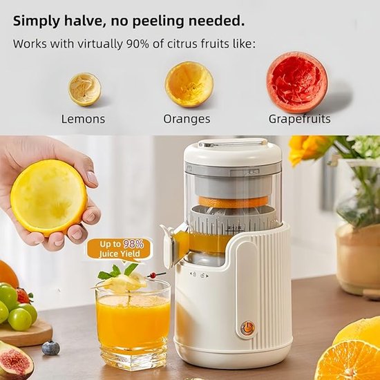 Elektrische citruspers – Draagbare, via USB oplaadbare citroenpers – Bediening met één druk op de knop – Hoge sapopbrengst – Wit – 23,5 × 11 × 11 cm — afbeelding 2
