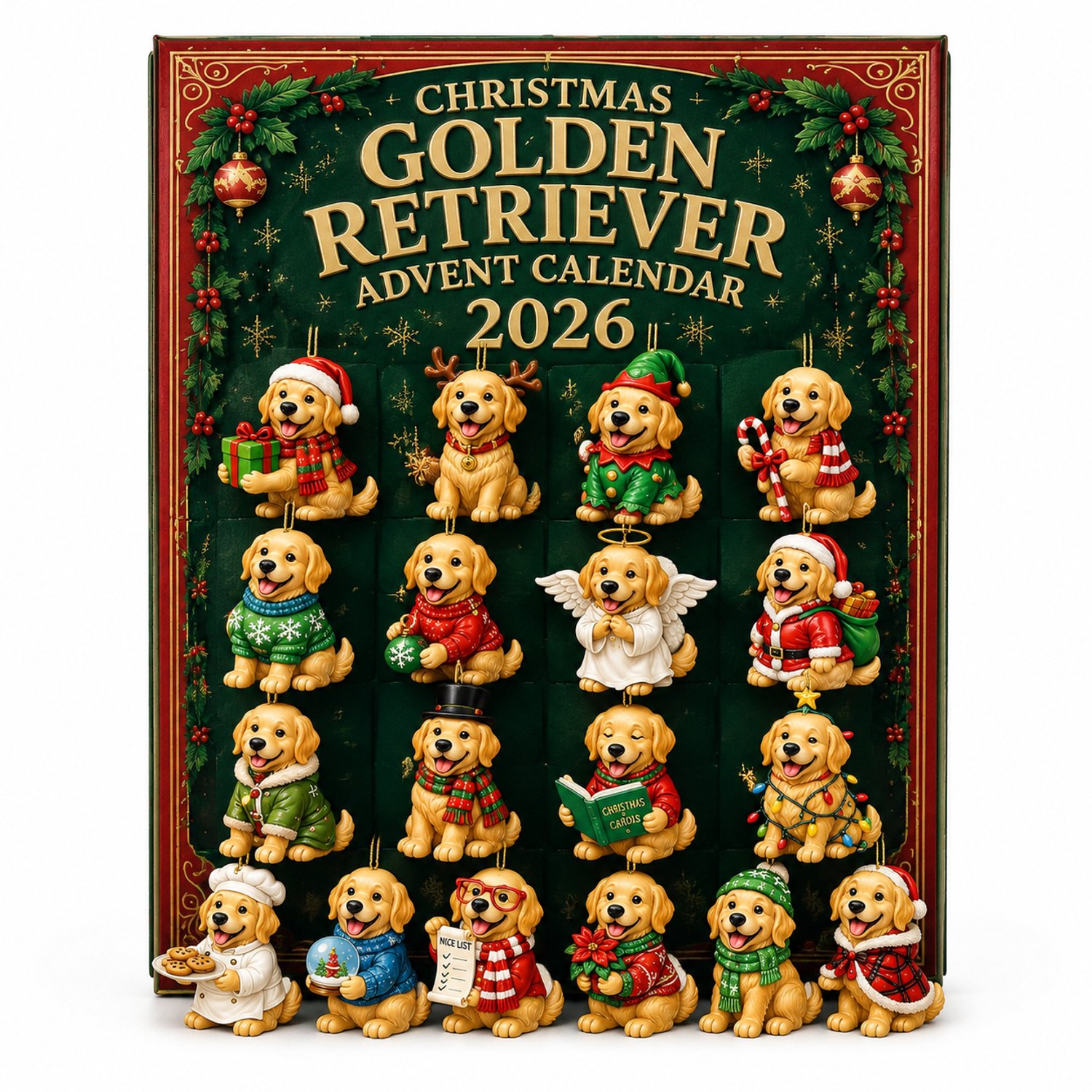 Adventskalender 2026 met 24 platte acryl kersthangers - Golden retrievers met ophangkoord - In kartonnen doos
