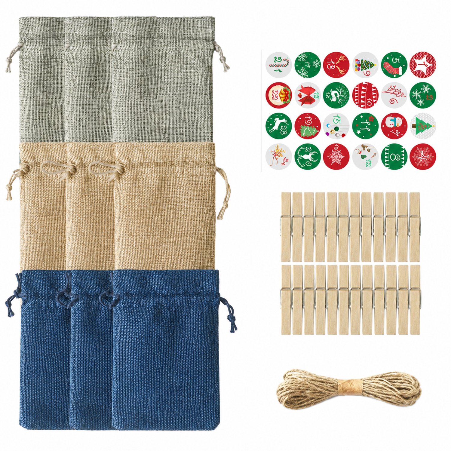 DIY-adventskalenderset - 24 zakjes van 10 x 14 cm met trekkoord, rode, groene en witte cijferstickers, 24 knijpers en 10 m touw