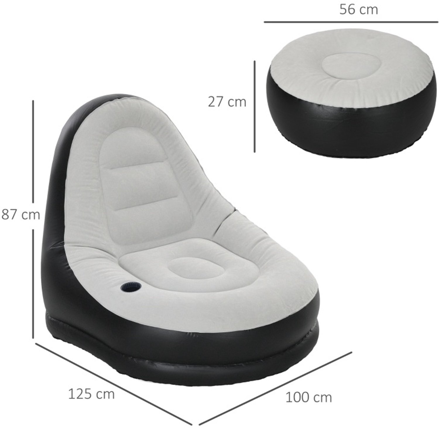 MODENUIT Fauteuil 125 x 100 x 87 cm - Opblaasbaar Met Bekerhouder - Camping En Thuis - Kunststof - Lichtgrijs