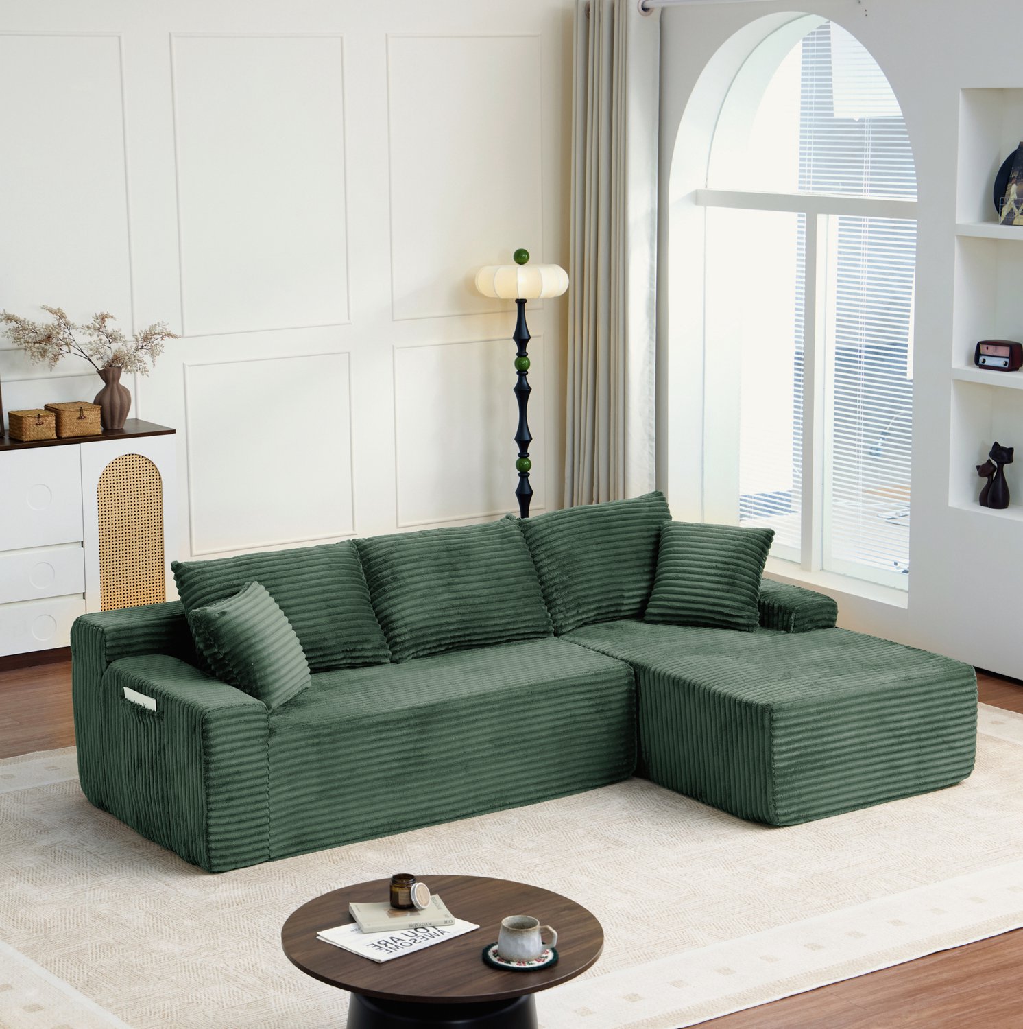 MODENUIT Hoekbank 239 x 156 x 79 cm - Modulaire L-Vorm Met Rechter Hoek - Woonkamer - Ribfluweel - Groen