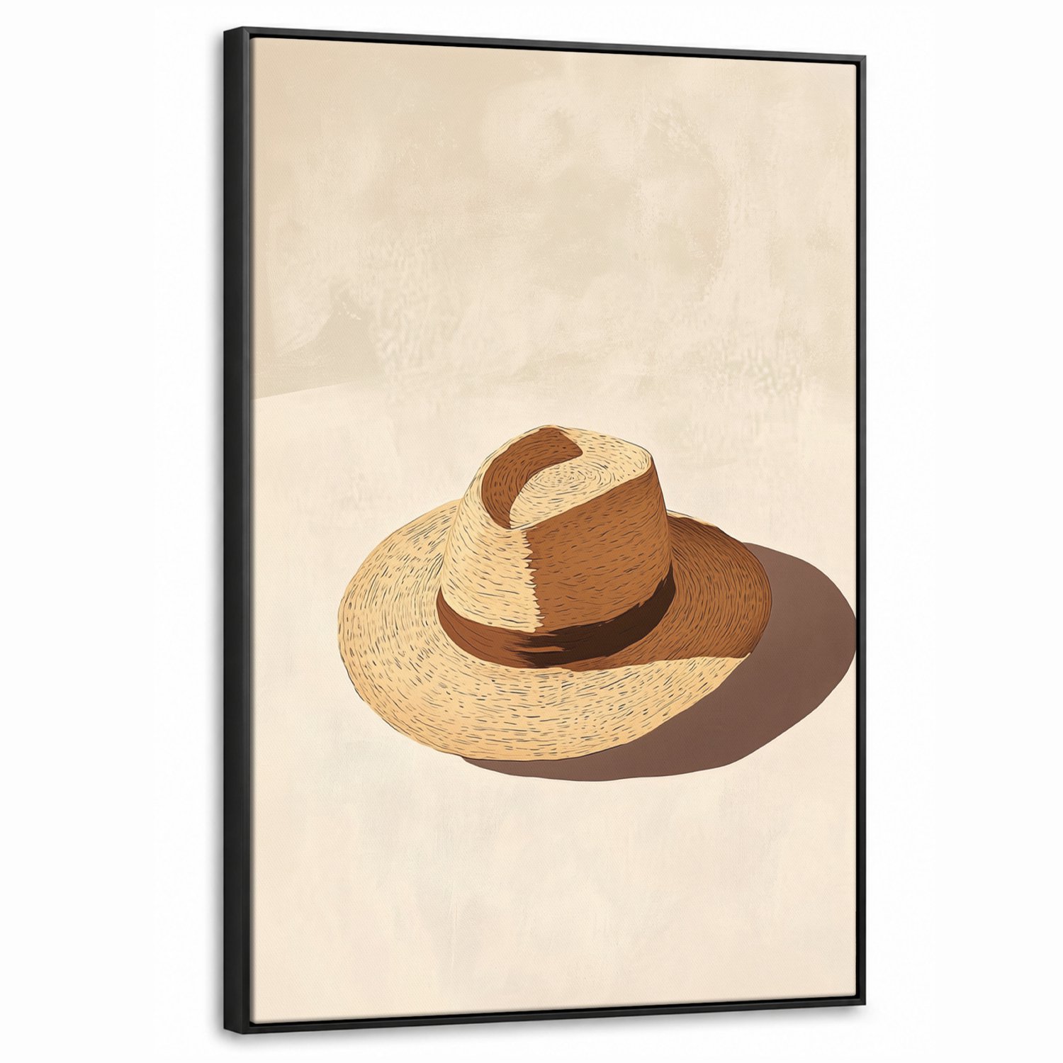 Canvas Schilderij met Baklijst 60x90cm - Hoed - Minimalistisch - Schaduw - Beige - Muurdecoratie woonkamer - Slaapkamer decoratie - Kamer accessoires - Schilderijen op canvas met lijst