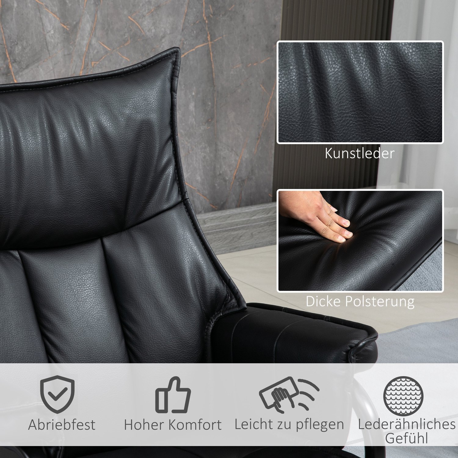 DESMIU Relaxfauteuil 84 x 101 cm - Draaibaar en Handmatig Verstelbaar met Hocker - Voor Woonkamer - Kunstleer en Staal - Zwart