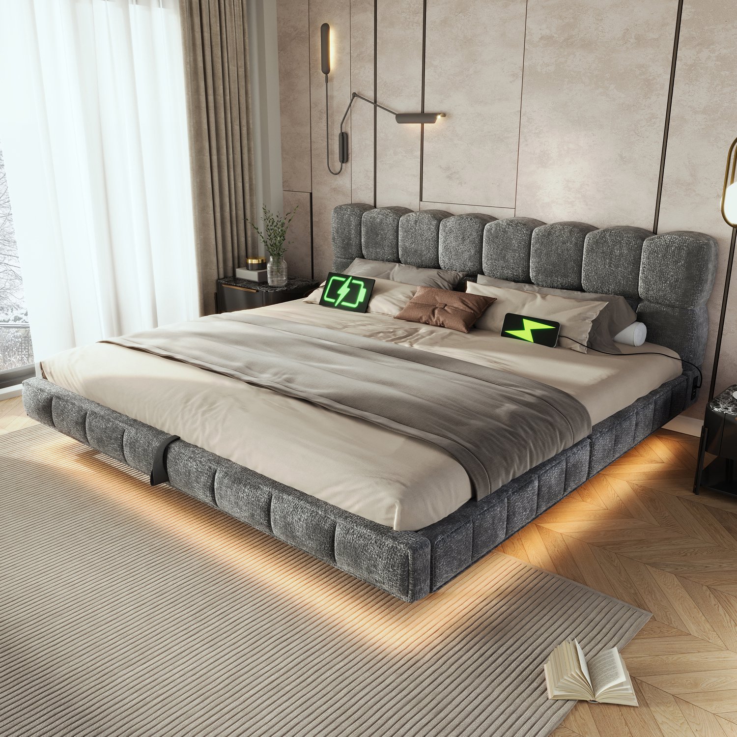Maisentiel Gestoffeerd tweepersoonsbed 180 x 200 cm – grijs chenille, opbergruimte, LED en USB-C