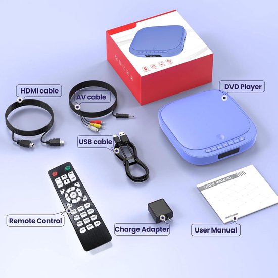 Mini-dvd-speler, dvd-speler voor tv, 1080p, regiovrij, met HDMI/RCA-kabel en afstandsbediening, CD/DV-plyaer-ondersteuning USB/TF-kaartingang, breakpoint-geheugen — afbeelding 5