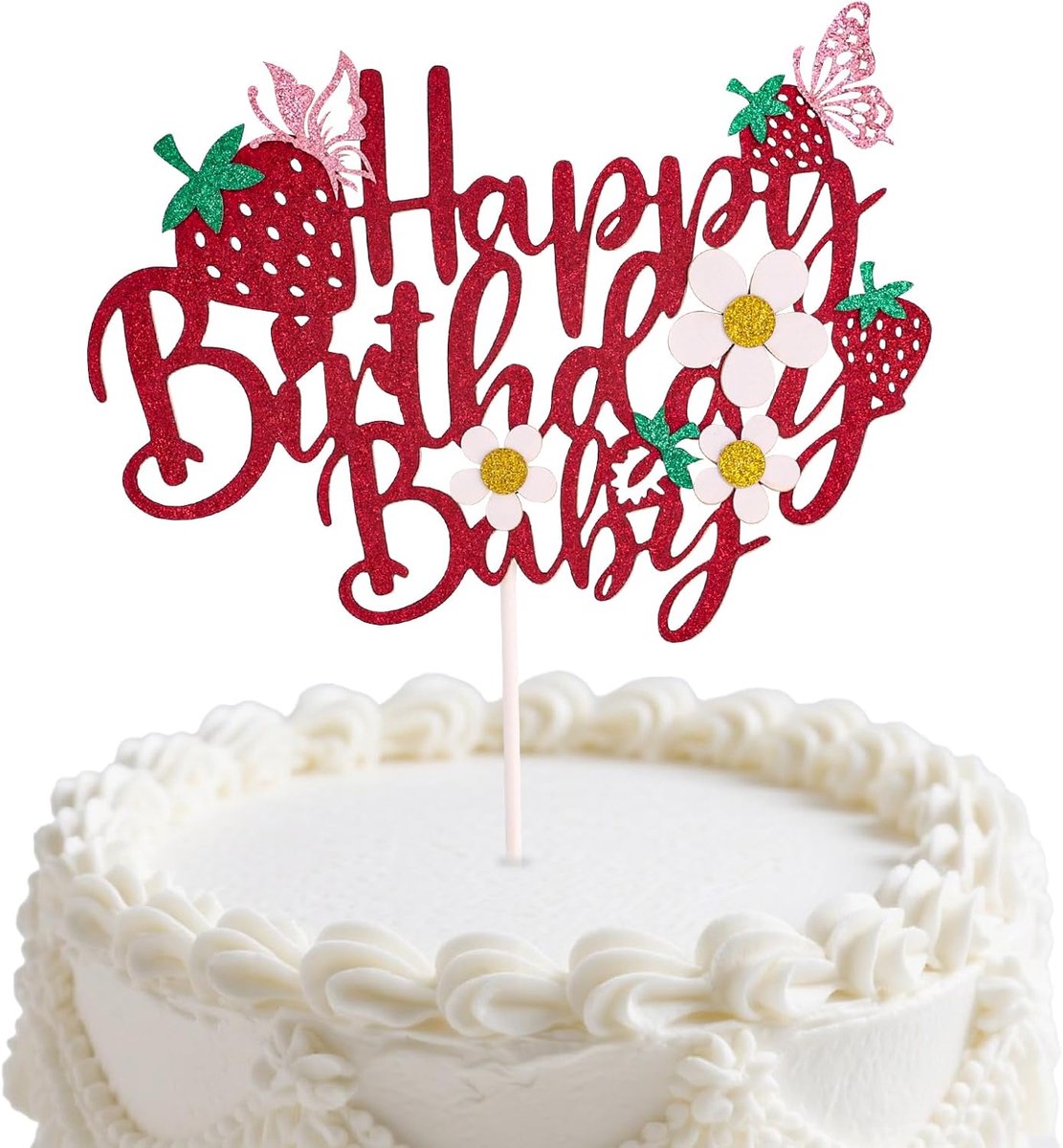Glitterbessenverjaardagstaarttopper met Bloem en Vlinderelement voor een Aardbeienthema Kinderfeestje Babyshower(Rood)