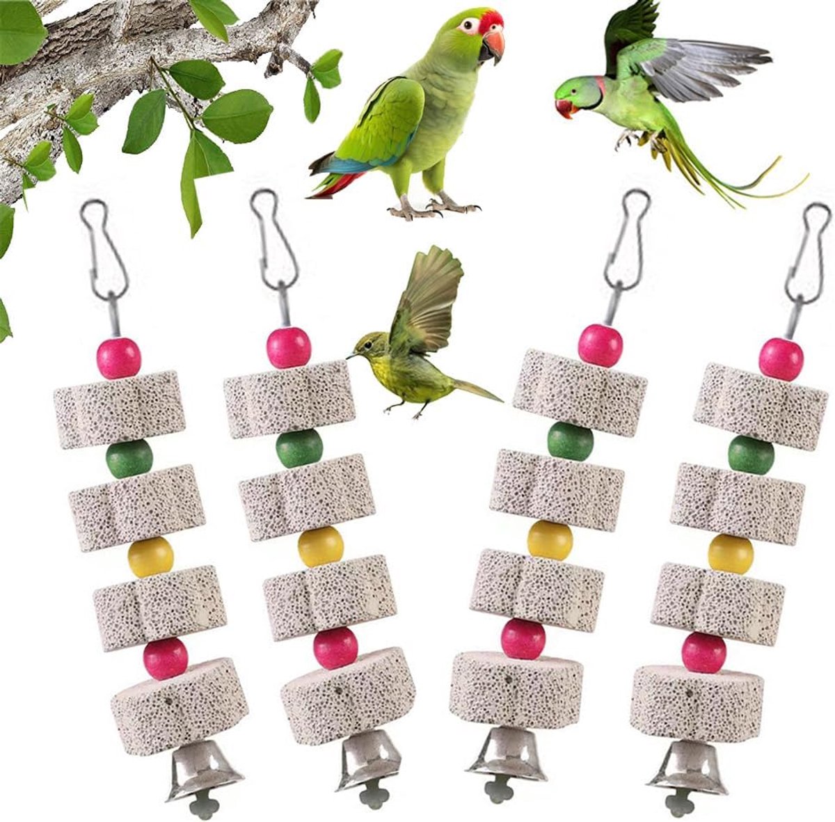 Speelgoed voor vogels, vogelsnavel-slijpsteen met bel, groot papegaaienspeelgoed, vogel, kauwspeelgoed, mineraalsteen, baktandspeelgoed, hangende schommel