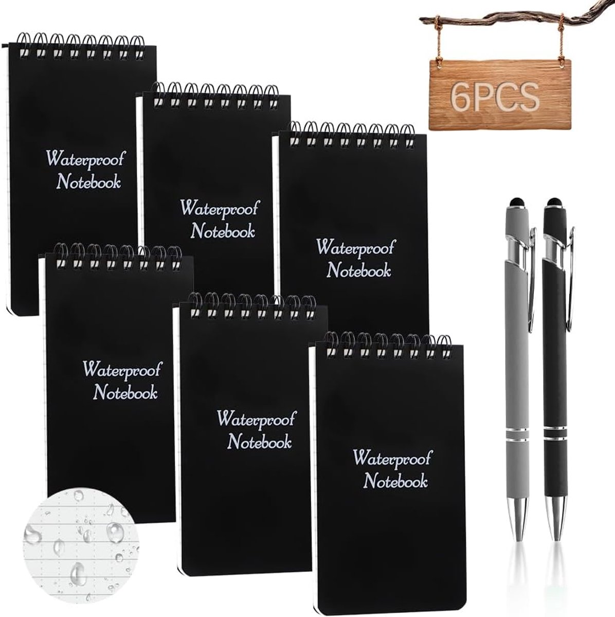 6 stuks notitieboeken, waterdicht, spiraalbinding, 2 metalen gelpennen