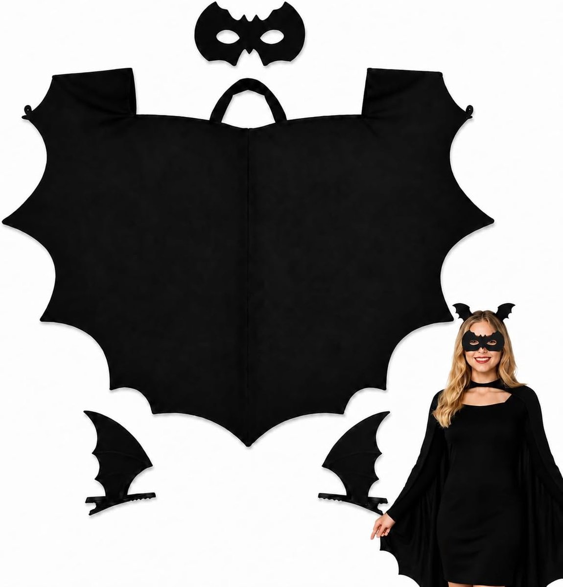 4-delig vleermuiskostuum voor dames, set met cape van 130 x 100 cm