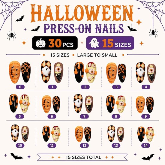 30 Halloween press-on nagels amandel 3D bloed oog pompoen ontwerp — afbeelding 2