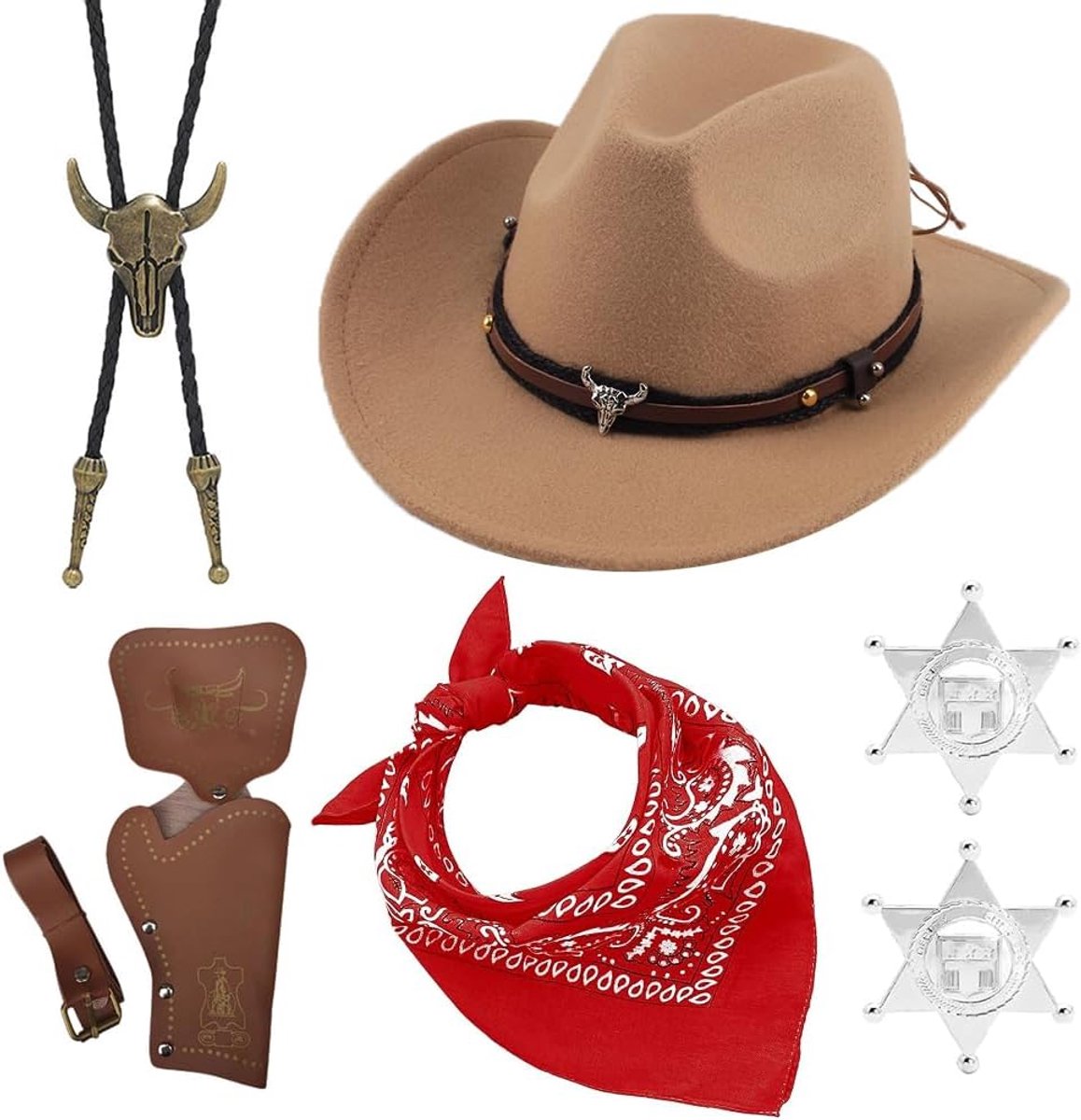 7PCS Western Cowboy Outfits Cosplay Accessoires Kit Fancy Dress Set met Cowboyhoeden Bandana Holster Riem Ketting Badge Cowboyhoed Kostuumaccessoires voor Carnaval(Bruin)