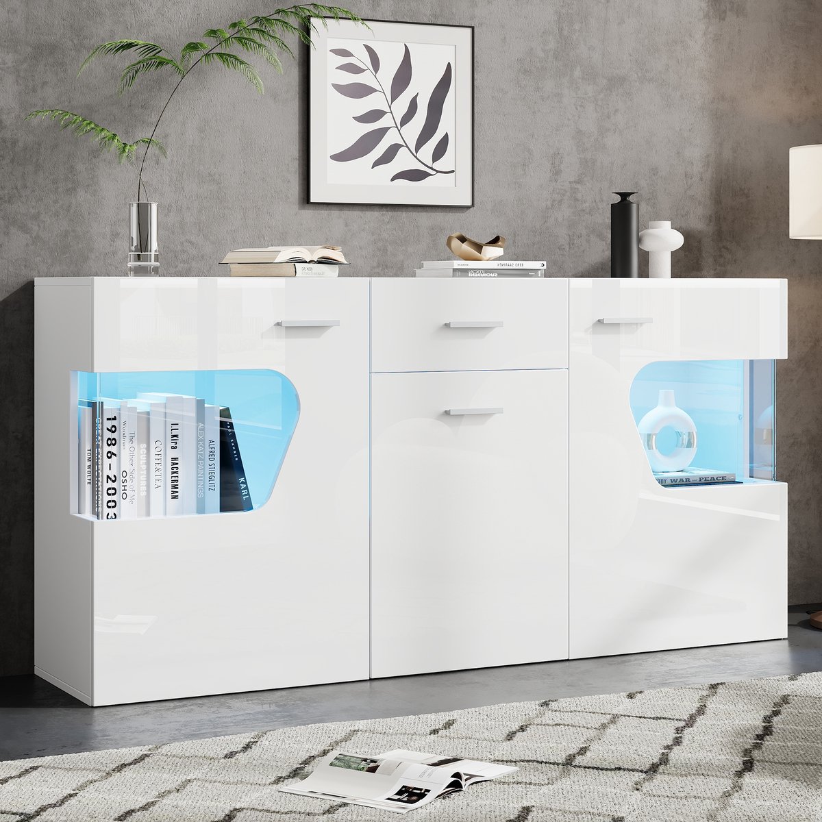 PHOEBE CAT Hoogglans Dressoir - Halmeubel met 3 deuren - LED-verlichting - Met lades - 140 x 33 x 70 cm - Wit