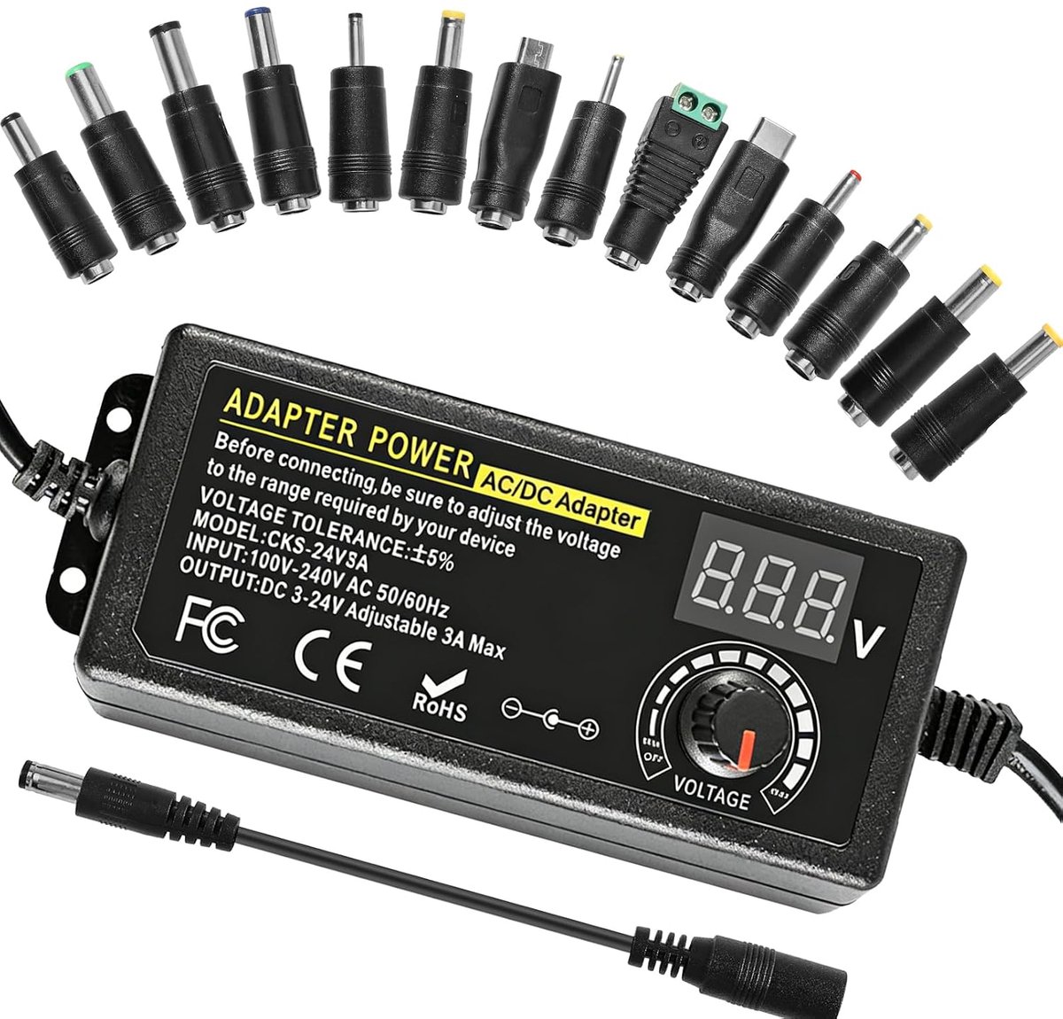 3-24V Instelbare voeding - 3A 72W universele voedingsadapter - 100V-240V AC naar DC transformator converter met LED spanningsindicator en 14 tips & polariteitskabels voor waterpompen