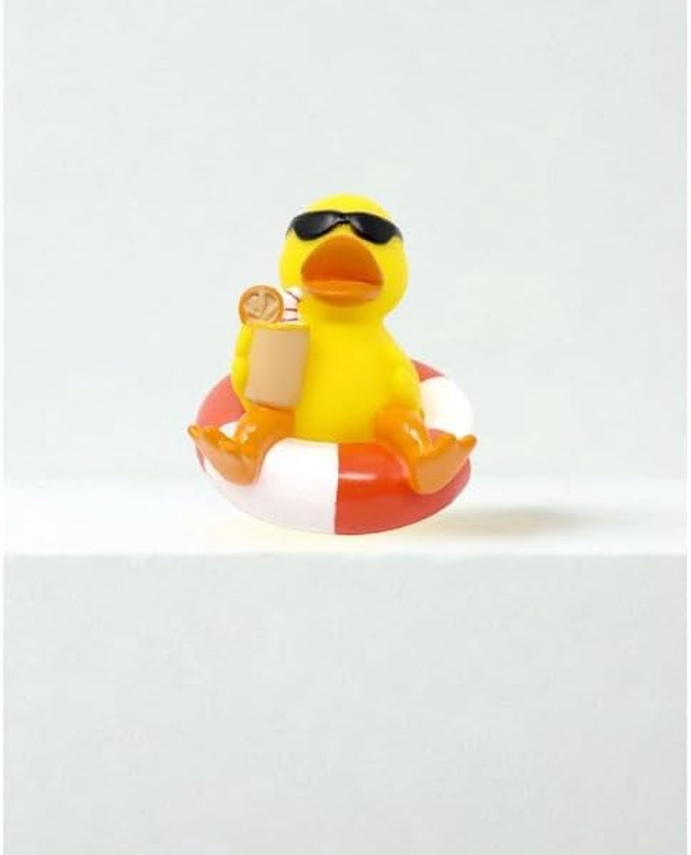 Eend met zwemband en zonnebril, geel, Summertime badeend ter decoratie, badeend voor zomerdecoratie, ca. 7 cm