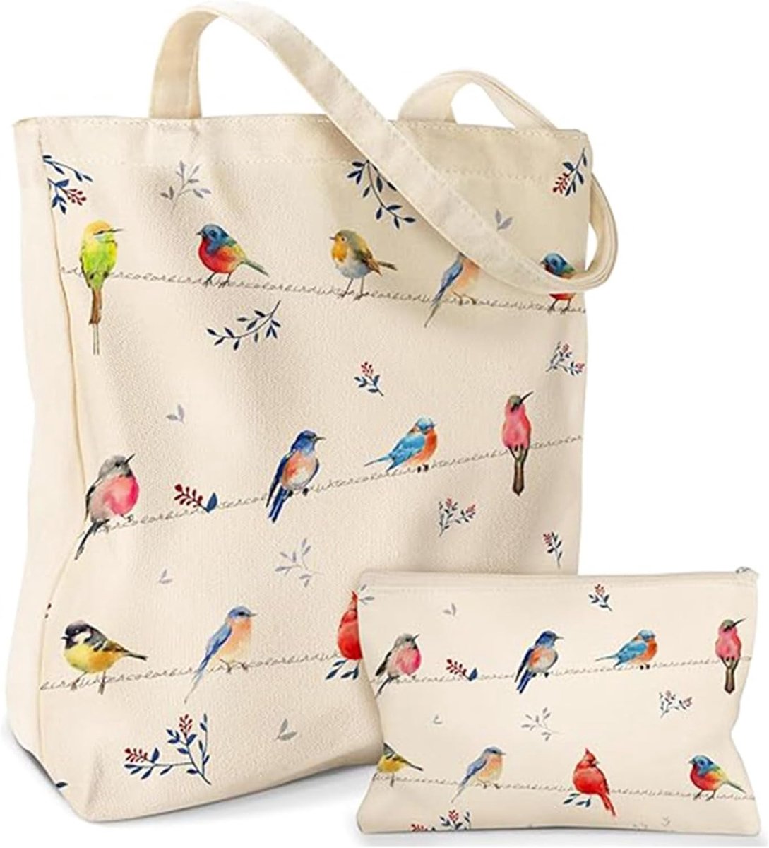 Set van 2 canvas tassen met motief, boodschappentas van canvas + make-uptas, herbruikbare stoffen tas voor school, werk, winkelen