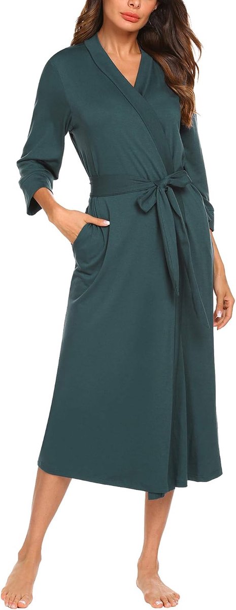 Dames ochtendjas 3/4 mouwen badjas nachtkleding kimono saunamantel met diepe V-hals S-XXXL, 1 A, donkergroen, S