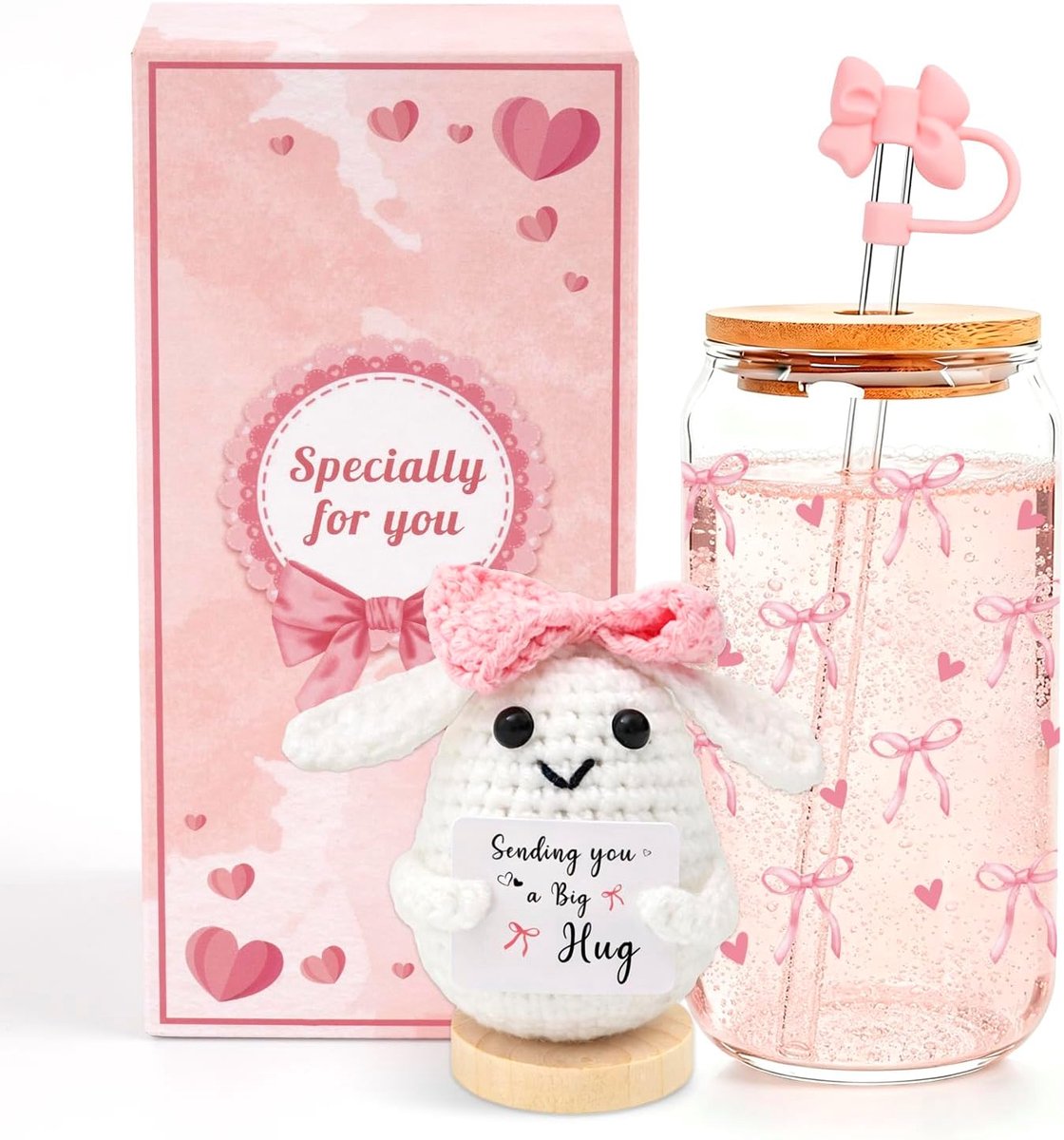 Cadeaus voor meisjes vrouwen, drinkglazen strik met gebreide wol haas en rietje, glas met deksel en rietje, creatieve geschenkdoos voor beste vriendinnen, zussen (roze)