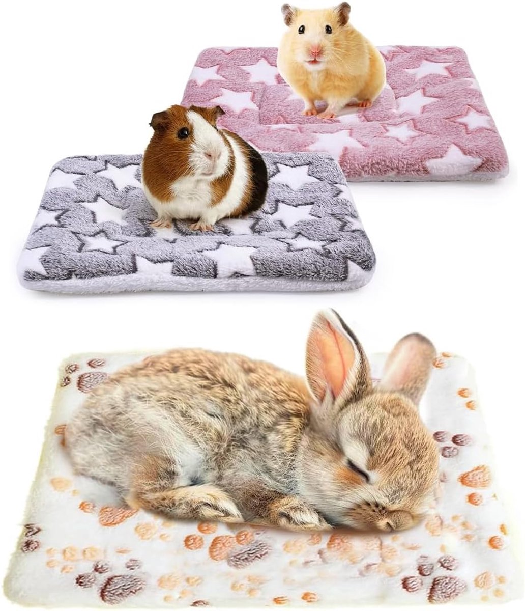 Set van 3 kleine pluchen dierenbedden, knuffeldeken voor cavia's, konijnen, chinchilla's, eekhoorns - Knaagdiertapijt wasbaar